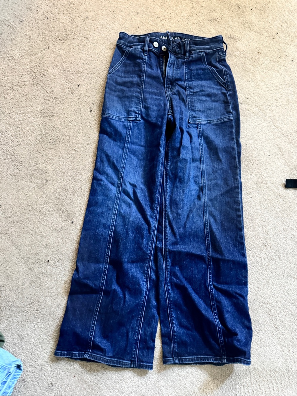 American Eagle Outfitters Dark Blue Wide-Leg Patch Detail Jeans